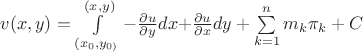 $\[v(x,y) = \int\limits_{({x_0},{y_{0)}}}^{(x,y)} { - \frac{{\partial u}}{{\partial y}}dx + } \frac{{\partial u}}{{\partial x}}dy + \sum\limits_{k = 1}^n {{m_k}{\pi _k} + C} \]$