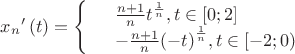${{x}_{n}}'\left( t \right)=\left\{ \begin{array}{rl}
  & \frac{n+1}{n}{{t}^{\frac{1}{n}}},t\in [0;2]\\ 
 &-\frac{n+1}{n}{{\left( -t \right)}^{\frac{1}{n}}},t\in [-2;0) \\ 
\end{array} \right.$