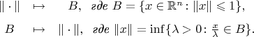 $$\begin{array}{ccc}
\|\cdot\| & \mapsto & B, \;\;\mbox{\em где } B=\{x\in\mathbb R^n\colon\|x\|\leqslant 1\},\\
\rule{0pt}{15pt}B & \mapsto & \|\cdot\|,\;\; \mbox{\em где } \|x\|=\inf\{\lambda>0\colon\frac{x}{\lambda}\in B\}.
\end{array}
$$