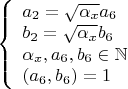 $\left\{
\begin{array}{lcl}
 a_2=\sqrt{\alpha_x}a_6\\
 b_2=\sqrt{\alpha_x}b_6\\
 \alpha_x,a_6,b_6\in \mathbb{N}\\
 (a_6,b_6)=1
\end{array}
\right.$