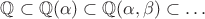 $\mathbb Q\subset\mathbb Q(\alpha)\subset\mathbb Q(\alpha,\beta)\subset\dots$