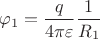 $ \varphi_1 = \dfrac {q} {4 \pi\varepsilon} \dfrac {1} {R_1}$ $ \varphi_1 = \dfrac {q} {4 \pi\varepsilon} \dfrac {1} {R_1}$