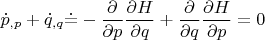 $$\dot p_{,p}+\dot q_{,q}\dot=- \frac {\partial}{\partial p} \frac {\partial H}{\partial q}+\frac {\partial}{\partial q} \frac {\partial H}{\partial p}=0$$