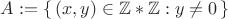 $ A:=\{\,(x,y)\in\mathbb{Z}*\mathbb{Z}: y\neq 0\,\}$