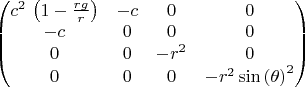 $\begin{pmatrix}{c}^{2}\,\left( 1-\frac{rg}{r}\right)  & -c & 0 & 0\cr -c & 0 & 0 & 0\cr 0 & 0 & -{r}^{2} & 0\cr 0 & 0 & 0 & -{r}^{2}\,{\mathrm{\sin}\left( \theta\right) }^{2}\end{pmatrix}$