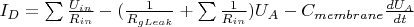 $I_D=\sum \frac{U_{in}}{R_{in}}-(\frac{1}{R_{gLeak}}+\sum \frac{1}{R_{in}})U_A-C_{membrane}\frac{dU_A}{dt}$