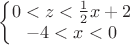 $\left\{\begin{matrix}
0<z<\frac{1}{2}x+2
\\ 
-4<x<0
\end{matrix}\right.$