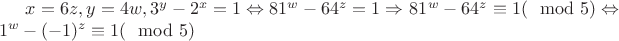 $x=6z, y=4w, 3^y-2^x=1 \Leftrightarrow 81^w-64^z=1 \Rightarrow $
$81^w-64^z \equiv 1 (\mod 5) \Leftrightarrow 1^w-(-1)^z \equiv 1 (\mod 5)$