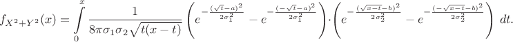 $$f_{X^2+Y^2}(x)=\int\limits_{0}^{x} \dfrac{1}{8\pi\sigma_1\sigma_2\sqrt{t(x-t)}}\left(e^{-\frac{(\sqrt{t}-a)^2}{2\sigma_1^2}} - e^{-\frac{(-\sqrt{t}-a)^2}{2\sigma_1^2}}\right)\cdot \left(e^{-\frac{(\sqrt{x-t}-b)^2}{2\sigma_2^2}} - e^{-\frac{(-\sqrt{x-t}-b)^2}{2\sigma_2^2}}\right) \, dt.
$$