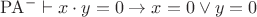 $\mathrm{PA}^- \vdash x \cdot y = 0 \rightarrow x = 0 \vee y = 0$