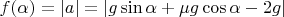 $ f(\alpha) = \left\lvert a \right\rvert = \left\lvert  g \sin \alpha + \mu g \cos \alpha - 2g \right\rvert$
