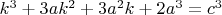$k^3+3ak^2+3a^2k+2a^3=c^3$