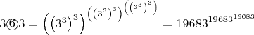 $3 \textcircled{6} 3 = \left( \left(3^3 \right)^3 \right)^{\left( \left(3^3 \right)^3 \right)^{\left( \left(3^3 \right)^3 \right)}} = {19683}^{19683^{19683}}$