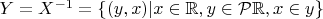 $Y = X^{-1} = \{(y, x) | x\in\mathbb{R}, y\in \mathcal{P}\mathbb{R},x\in y\}$