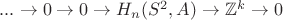 $...\to 0 \to 0 \to H_{n}(S^{2},A) \to \mathbb{Z}^{k} \to 0$