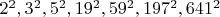 $2^2, 3^2, 5^2, 19^2, 59^2, 197^2, 641^2$