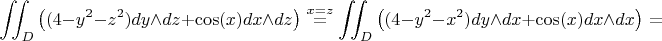 $$\iint_{D}\big( (4 - y^2 - z^2)dy \wedge dz + \cos (x) dx \wedge dz \big) \overset{x = z}{=} \iint_{D}\big( (4 - y^2 - x^2)dy \wedge dx + \cos (x) dx \wedge dx \big) =$$