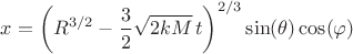 $$x = \left( R^{3/2} - \frac{3}{2} \sqrt{2 k M} \, t \right)^{2/3} \sin(\theta) \cos(\varphi)$$