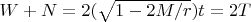 $W+N=2(\sqrt{1-2M/r})t=2T$