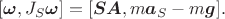 $$ [\boldsymbol \omega,J_S\boldsymbol \omega]=[\boldsymbol {SA},m\boldsymbol {a}_S-m\boldsymbol g].$$