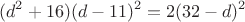$$(d^2+16)(d-11)^2=2(32-d)^2$$