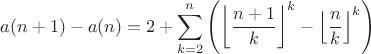 $$a(n + 1) - a(n) = 2 + \sum_{k=2}^n \left(\left\lfloor \frac{n + 1}{k}\right\rfloor^k - \left\lfloor \frac{n}{k}\right\rfloor^k\right)$$