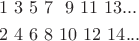$$\begin{align}
& 1\ 3\ 5\ 7\ \  9\  11\ 13 ... \\
& 2\ 4\ 6\ 8\ 10\ 12 \ 14 ...
\end{align}
$$