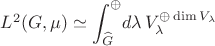 $L^2(G,\mu)\simeq{\displaystyle\int^\oplus_{\widehat G}} d\lambda\,V_\lambda^{\oplus\dim V_\lambda}$ $L^2(G,\mu)\simeq{\displaystyle\int^\oplus_{\widehat G}} d\lambda\,V_\lambda^{\oplus\dim V_\lambda}$
