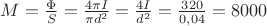 $\[M = \frac{\Phi }{S} = \frac{{4\pi I}}{{\pi {d^2}}} = \frac{{4I}}{{{d^2}}} = \frac{{{\rm{320}}}}{{{\rm{0}}{\rm{,04}}}} = 8000\]$