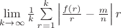$\lim\limits_{k\to\infty}\frac1{k}\sum\limits_{r=1}^{k}\left|\frac{f(r)}{r}-\frac{m}{n}\right|r$
