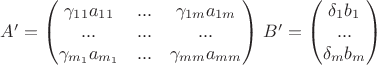 $A'=\begin{pmatrix}\gamma_{11}a_{11} & ... & \gamma_{1m}a_{1m}\\
... & ... & ...\\
\gamma_{m_1}a_{m_1} & ... & \gamma_{mm}a_{mm}\end{pmatrix}$ $B'=\begin{pmatrix}\delta_1 b_1 \\ ... \\ \delta_m b_m\end{pmatrix}$
