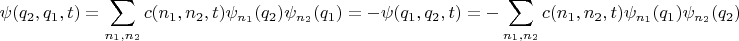 $$\psi(q_2,q_1,t)=\sum\limits_{n_1,n_2}c(n_1,n_2,t)\psi_{n_1}(q_2)\psi_{n_2}(q_1)=-\psi(q_1,q_2,t)=-\sum\limits_{n_1,n_2}c(n_1,n_2,t)\psi_{n_1}(q_1)\psi_{n_2}(q_2)$$