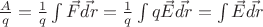 $\frac{A}{q} = \frac{1}{q} \int \vec{F} \vec{dr} = \frac{1}{q} \int q\vec{E} \vec{dr} = \int \vec{E} \vec{dr}$