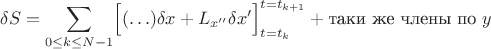 $$
\delta S= \sum_{0\le k\le N-1} \Bigl[ (\ldots ) \delta x + L_{x''} \delta x'\Bigr]_{t=t_k}^{t=t_{k+1}} + \text{таки же члены по $y$}
$$