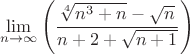 $$
\mathop {\lim }\limits_{n \to \infty } \left( {{{\root 4 \of {n^3  + n}  - \sqrt n } \over {n + 2 + \sqrt {n + 1} }}} \right)
$$