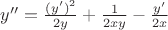 $y''=\frac {(y')^2}{2y} +\frac {1}{2xy} -\frac {y'}{2x}