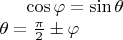 $\cos \varphi = \sin \theta \\
\theta = \frac{\pi }{2} \pm \varphi $