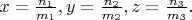 $x=\frac{n_1}{m_1}, y=\frac{n_2}{m_2}, z=\frac{n_3}{m_3}.$