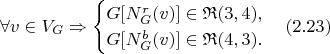 $$\forall v \in V_G \Rightarrow
		\begin{cases}
			G[N_G^r(v)] \in \mathfrak{R}(3, 4),\\
			G[N_G^b(v)] \in \mathfrak{R}(4, 3).
		\end{cases} (2.23)$$