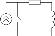 \begin{tikzpicture}[x=0.75cm,y=0.75cm]
\clip(-4.3,-12.58) rectangle (15.52,6.3);
\draw(0,0.5) circle (0.5);
\draw (0,0.75)-- (0.25,0.5);
\draw (0,0.75)-- (-0.25,0.5);
\draw (0,0.5)-- (0.25,0.25);
\draw (0,0.5)-- (-0.25,0.25);
\draw (0,1)-- (0,2);
\draw (0,2)-- (2,2);
\draw (0,0)-- (0,-1);
\draw (0,-1)-- (4,-1);
\draw (1,2)-- (1,0.75);
\draw (1,0.75)-- (1.35,0.4);
\draw (1,0.25)-- (1,-1);
\draw (2,2.2)-- (2,1.8);
\draw (2,1.8)-- (3,1.8);
\draw (3,1.8)-- (3,2.2);
\draw (3,2.2)-- (2,2.2);
\draw (3,2)-- (4,2);
\draw (4,2)-- (4,1.25);
\draw (4,-0.25)-- (4,-1);
\draw (4,0.75) arc (-90:90:0.25);
\draw (4,0.25) arc (-90:90:0.25);
\draw (4,-0.25) arc (-90:90:0.25);
\end{tikzpicture}