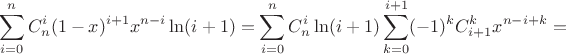 $$\sum_{i=0}^{n}C_{n}^{i}(1-x)^{i+1}x^{n-i}\ln(i+1)=
\sum_{i=0}^{n}C_{n}^{i}\ln(i+1)\sum_{k=0}^{i+1}(-1)^{k}C_{i+1}^k x^{n-i+k}=
$$