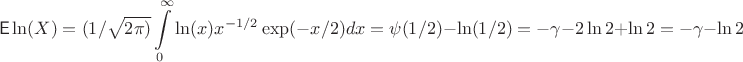 $$\mathsf E\ln(X) = (1/\sqrt{2\pi)}\int\limits_0^{\infty} \ln(x)  x^{-1/2} \exp(-x/2)dx = \psi(1/2) - \ln(1/2) = -\gamma - 2\ln2 + \ln2 = -\gamma - \ln2 \; $$