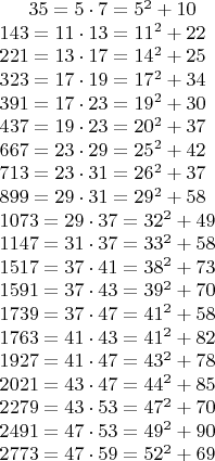 $35=5\cdot7=5^2+10 \\
143=11\cdot13=11^2+22 \\
221=13\cdot17=14^2+25 \\
323=17\cdot19=17^2+34 \\
391=17\cdot23=19^2+30 \\
437=19\cdot23=20^2+37 \\
667=23\cdot29=25^2+42 \\
713=23\cdot31=26^2+37 \\
899=29\cdot31=29^2+58 \\
1073=29\cdot37=32^2+49 \\
1147=31\cdot37=33^2+58 \\
1517=37\cdot41=38^2+73 \\
1591=37\cdot43=39^2+70 \\
1739=37\cdot47=41^2+58 \\
1763=41\cdot43=41^2+82 \\
1927=41\cdot47=43^2+78 \\
2021=43\cdot47=44^2+85 \\
2279=43\cdot53=47^2+70 \\
2491=47\cdot53=49^2+90 \\
2773=47\cdot59=52^2+69$