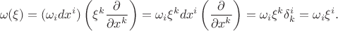 $$\omega(\xi)=(\omega_idx^i)\left(\xi^k\frac{\partial}{\partial x^k}\right)=\omega_i\xi^kdx^i\left(\frac{\partial}{\partial x^k}\right)=\omega_i\xi^k\delta^i_k=\omega_i\xi^i.$$