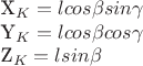 X_K= l cos\beta sin\gamma

Y_K= l cos\beta cos\gamma

 Z_K= l sin\beta