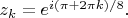 $z_k=e^{i(\pi+2\pi k)/8}.$
