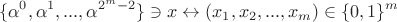 $$\{\alpha ^0, \alpha ^1,..., \alpha ^{2^m-2}\}\ni x\leftrightarrow (x_1,x_2,...,x_m)\in \{0,1\}^m$$ $$\{\alpha ^0, \alpha ^1,..., \alpha ^{2^m-2}\}\ni x\leftrightarrow (x_1,x_2,...,x_m)\in \{0,1\}^m$$