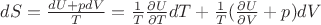 $dS=\frac{dU+pdV}{T}=\frac{1}{T} \frac{\partial U}{\partial T}dT + \frac{1}{T} (\frac{\partial U}{\partial V}+p)dV$