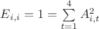 $E_{i, i} = 1 = \sum \limits_{t=1}^4 A_{i, t}^2$