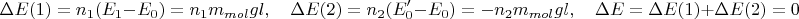 $$\Delta E(1) = n_1(E_1-E_0)=n_1m_{mol}gl,\quad \Delta E(2)=n_2(E_0'-E_0)=-n_2m_{mol}gl,\quad\Delta E=\Delta E(1) +\Delta E(2)=0$$